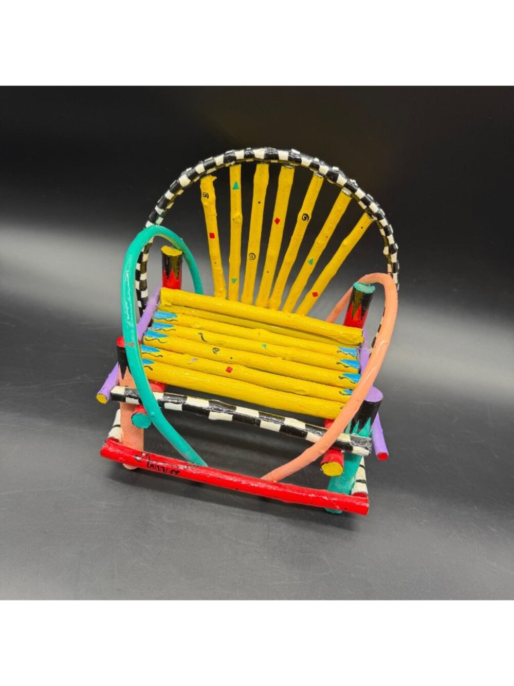 Folk Art Chair Doll Miniature Decor Signed Shelley Vibrant Quirky Twig Wood 90s
